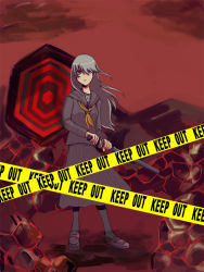 Rule 34 | 1girl, atlus, bad id, bad pixiv id, caution tape, fighting stance, gender request, genderswap, grey hair, hair over one eye, katana, keep out, long hair, narukami yuu, persona, persona 4, ready to draw, school uniform, sheath, sheathed, solo, sword, weapon, yomo (pixiv)