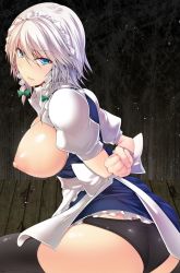 Rule 34 | 1girl, apron, arms behind back, ass, bdsm, black panties, black thighhighs, blue eyes, blush, bondagee, bound, bound arms, braid, breasts, breasts out, clenched hands, izayoi sakuya, large breasts, looking at viewer, maid apron, maid headdress, nipples, open mouth, panties, short hair, short sleeves, silver hair, solo, thighhighs, touhou, twin braids, underwear, wooden floor, yamaiso