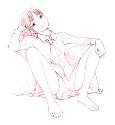 Rule 34 | 1girl, barefoot, leaning back, long hair, monochrome, necktie, original, pleated skirt, sitting, sketch, skirt, solo, spread legs, traditional media, yoshitomi akihito