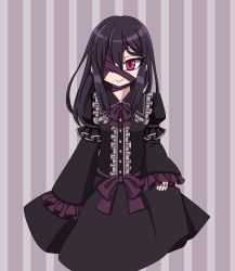 Rule 34 | 1girl, absurdres, ageha (ray-k), asymmetrical sleeves, black dress, black hair, borrowed character, bow, doll joints, dress, eyepatch, frilled dress, frilled sleeves, frills, gothic lolita, hair between eyes, highres, houshin usagi, joints, juliet sleeves, layered sleeves, lolita fashion, long hair, long sleeves, looking at viewer, neck ribbon, original, puffy sleeves, red eyes, ribbon, short over long sleeves, short sleeves, simple background, sleeves past wrists, slit pupils, smile, solo, striped, striped background, uneven sleeves, vertical stripes