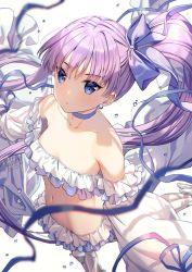 Rule 34 | 1girl, bare shoulders, bikini, blue bow, blue eyes, blurry, bow, bubble, choker, collarbone, depth of field, earrings, fate/grand order, fate (series), frilled bikini, frills, from above, hair between eyes, hair bow, jewelry, long hair, meltryllis, meltryllis (fate), meltryllis (swimsuit lancer) (fate), midriff, navel, prosthesis, prosthetic leg, purple hair, rosuuri, side ponytail, simple background, solo, swimsuit, tsurime, very long hair, water drop, watermark, web address, white background, white bikini