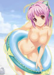 Rule 34 | 10s, 1girl, beach, bow, breasts, cleft of venus, completely nude, female focus, hair bow, highres, hinata hanabi, innertube, koutaro, large breasts, leaning forward, navel, nipples, nude, nude filter, outdoors, pink hair, pussy, red eyes, sky, smile, solo, swim ring, third-party edit, tropical kiss, uncensored