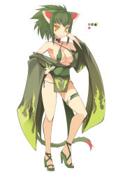 Rule 34 | 1girl, animal ears, bare shoulders, bikini, blush, choker, color guide, criss-cross halter, full body, green bikini, green footwear, green hair, green nargacuga, halterneck, hand up, high heels, japanese clothes, kimono, long sleeves, monster hunter (series), off shoulder, ohta yuichi, orange eyes, pelvic curtain, personification, ponytail, simple background, solo, standing, swimsuit, tail, white background, wide sleeves