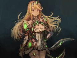 1girl, absurdres, armor, bangs, black background, blonde hair, breasts, cleavage, dress, earrings, elbow gloves, gloves, hand on hip, headpiece, highres, jewelry, large breasts, long hair, looking at viewer, moor, mythra (xenoblade), neon trim, sidelocks, simple background, smile, solo, swept bangs, thigh strap, tiara, white gloves, xenoblade chronicles (series), xenoblade chronicles 2, yellow eyes