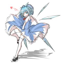 Rule 34 | 1girl, blue hair, blush, bow, cirno, female focus, hair bow, heart, ikameshi (ika meshi), mikuma, one eye closed, open mouth, short hair, simple background, smile, solo, thighhighs, touhou, white background, white thighhighs, wink