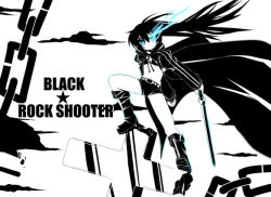 Rule 34 | 10s, 1girl, black hair, black rock shooter, black rock shooter (character), blue eyes, chain, cross, full body, hatsune miku, mad (hazukiken), mad (pixiv), midriff, monochrome, navel, solo, spot color, sword, twintails, vocaloid, weapon