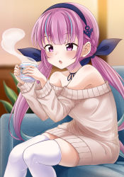 Rule 34 | 1girl, anchor hair ornament, bad id, bad pixiv id, bare shoulders, black hairband, blue hair, blue ribbon, blurry, blurry background, blush, brown sweater, chestnut mouth, commentary request, couch, cup, depth of field, flo (guilty hearts), hair ornament, hair ribbon, hairband, highres, holding, holding cup, hololive, indoors, long hair, minato aqua, multicolored hair, off-shoulder sweater, off shoulder, on couch, parted lips, pink hair, purple eyes, ribbon, sitting, skindentation, solo, steam, streaked hair, sweater, thighhighs, twintails, two-tone hair, very long hair, virtual youtuber, white thighhighs