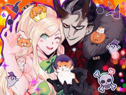 Rule 34 | 1boy, 1girl, :d, animal, animal print, bandaged arm, bandages, bat print, black cape, black hair, blush stickers, braid, candy, cape, cham-p, crown, danganronpa (series), danganronpa 2: goodbye despair, demon horns, dress, food, ghost, gloves, green eyes, grey hair, hamster, hand up, holding, holding animal, horns, jum-p, long hair, looking at viewer, maga-g, multicolored hair, open mouth, orange background, outline, ponytail, puffy short sleeves, puffy sleeves, scarf, short hair, short sleeves, skull print, smile, sonia nevermind, star (symbol), sun-d, tanaka gundham, teeth, two-tone hair, umsotasty, upper teeth only, white gloves, white outline