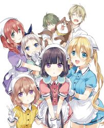 Rule 34 | 3boys, 4girls, :&gt;, :3, :d, :o, ahoge, akizuki kouyou, amano miu, animal, apron, aqua dress, black bow, black hair, black hairband, blend s, blonde hair, blue dress, blue eyes, blunt bangs, blush, bow, braid, breasts, brown hair, clenched hands, closed mouth, collared dress, collared shirt, contrapposto, cowboy shot, d;, dino (blend s), dog, dot nose, double v, dress, everyone, expressionless, eyelashes, eyes visible through hair, floating hair, frilled apron, frilled cuffs, frilled shirt collar, frilled sleeves, frills, gloves, hair between eyes, hair bow, hair ornament, hairband, hand on another&#039;s shoulder, hand up, hands up, head scarf, highres, hinata kaho, holding, holding animal, hoshikawa mafuyu, hug, jitome, kanzaki hideri, large breasts, leaning forward, long hair, looking at viewer, looking to the side, low twintails, multiple boys, multiple girls, nakayama miyuki, no nose, nose, one eye closed, open hand, open mouth, order (blend s), own hands together, pink dress, pink hair, pleated dress, pom pom (clothes), puffy short sleeves, puffy sleeves, purple dress, purple eyes, purple hair, ribbon, round teeth, sakuranomiya maika, shirt, short hair, short sleeves, silver hair, simple background, sleeve cuffs, smile, standing, stile uniform, sweat, tareme, teeth, tongue, tongue out, trap, tsurime, twin braids, twintails, uniform, upper teeth only, v, v arms, very long hair, waist apron, wavy hair, wavy mouth, white apron, white background, white gloves, white ribbon, white shirt, yellow dress