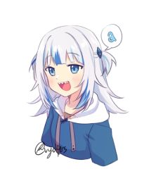 Rule 34 | 1girl, a (phrase), artist name, blue hair, blue hoodie, gawr gura, gawr gura (1st costume), highres, hololive, hololive english, hood, hoodie, looking ahead, multicolored hair, open mouth, sharp teeth, silver hair, simple background, smile, solo, speech bubble, streaked hair, teeth, two side up, upper body, virtual youtuber, vyolfers, white background