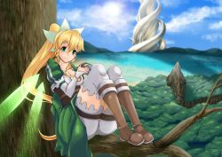 Rule 34 | 10s, 1girl, blonde hair, blush, boots, braid, breasts, cleavage, fairy wings, female focus, forest, green eyes, hair ornament, large breasts, leafa, long hair, nature, ono kono to, ponytail, shorts, smile, solo, sword art online, tree, twin braids, very long hair, wings