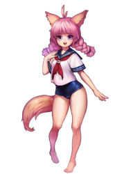 Rule 34 | 1girl, ahoge, animal ears, artist request, barefoot, blue eyes, braid, dog ears, elin, full body, legs, long hair, official art, old school swimsuit, one-piece swimsuit, open mouth, pink hair, school swimsuit, school uniform, serafuku, simple background, smile, solo, swimsuit, swimsuit under clothes, tail, tera online, twin braids, twintails, white background
