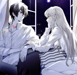 Rule 34 | 1boy, 1girl, 2021, bare legs, c.c., closed mouth, code geass, collarbone, collared shirt, couple, dated, dress shirt, eye contact, hair between eyes, head rest, hetero, highres, lelouch vi britannia, limited palette, long hair, long sleeves, looking at another, naked shirt, night, night sky, noppo, pants, purple eyes, shirt, short hair, signature, sky, smile, straight hair, very long hair, wing collar, yellow eyes