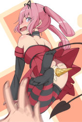 Rule 34 | 1girl, ass, awachi, bare shoulders, blush, choker, comic, demon tail, detached sleeves, food, hair ribbon, ice cream, ice cream cone, looking at viewer, looking back, looking down, nana asta deviluke, no panties, pink hair, pov, purple eyes, ribbon, solo focus, striped clothes, striped thighhighs, tail, thighhighs, to love-ru, twintails
