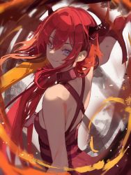 Rule 34 | 1girl, arknights, bare arms, bare shoulders, black dress, blue eyes, dokuro deluxe, dress, from behind, from side, hair behind ear, head tilt, highres, horns, id card, long hair, looking at viewer, looking back, off shoulder, red hair, smile, solo, surtr (arknights), upper body, very long hair