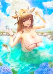 Rule 34 | 1girl, absurdres, animal ears, azur lane, bandaid, bandaid on head, blush, bottle, breasts, brown hair, cleavage, cloud, collarbone, cow ears, cow girl, cow horns, cow tail, day, flower, hair flower, hair ornament, highres, holding, holding bottle, horns, huge breasts, hydrangea, kashino (azur lane), kashino (hot springs relaxation) (azur lane), long hair, looking at viewer, milk bottle, naked towel, no nipples, one eye closed, open mouth, partially submerged, purple eyes, sauvignon, see-through, sky, smile, solo, steam, tail, towel, very long hair, water, water drop, wet, wet clothes, wet towel, white flower