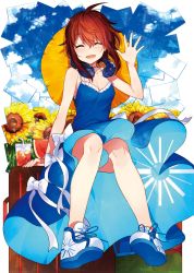 Rule 34 | 1girl, :d, ahoge, bare arms, bare shoulders, blue dress, blue sky, breasts, brown hair, cleavage, closed eyes, commentary request, day, diverse system, dress, facing viewer, flower, food, fruit, hair between eyes, hand up, headphones, headphones around neck, highres, house girl (diverse system), medium breasts, medium hair, mika pikazo, open mouth, original, pigeon-toed, shoes, short hair, sitting, sky, sleeveless, sleeveless dress, smile, solo, sunflower, watermelon, waving