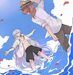 Rule 34 | 2boys, :d, abs, adjusting clothes, adjusting headwear, alternate costume, black male swimwear, blue sky, brown headwear, brown pants, cloud, cloudy sky, collarbone, day, dutch angle, fate/grand order, fate (series), flower, grey hair, hair between eyes, hat, hat flower, hood, hood down, jacket, light particles, long hair, male focus, male swimwear, merlin (fate), multiple boys, open clothes, open jacket, open mouth, orange hair, outstretched arms, pants, petals, ponytail, red flower, romani archaman, ruoyin, shirt, sky, sleeves rolled up, smile, standing, swim trunks, very long hair, wading, water, white jacket, white shirt