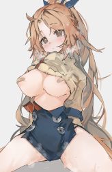 Rule 34 | 1girl, absurdres, arknights, bandaid, bandaids on nipples, breasts, brown hair, clothes lift, grey eyes, hair ribbon, highres, inverted nipples, large breasts, long hair, mikozin, nipple covers, pasties, pinecone (arknights), ribbon, solo, steam, sweater, sweater lift