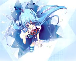 Rule 34 | 1girl, aged up, aimai (artist), alternate breast size, blue eyes, blue hair, bow, breasts, cirno, from above, hair bow, large breasts, long hair, manabu, matching hair/eyes, smile, solo, striped clothes, striped thighhighs, thighhighs, touhou