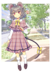 Rule 34 | 1girl, alternate costume, animal ears, black footwear, blurry, blurry background, bow, bowtie, brown capelet, brown skirt, capelet, closed mouth, commentary request, commission, full body, grey hair, highres, looking at viewer, mouse ears, mouse girl, mouse tail, nayozane (worker7), nazrin, outdoors, plaid, plaid capelet, plaid skirt, red eyes, short hair, skeb commission, skirt, smile, socks, solo, tail, tail bow, tail ornament, touhou, white socks, yellow bow, yellow bowtie