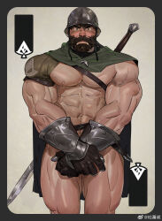 Rule 34 | 1boy, abs, bara, bare pectorals, beard, blush, cape, card (medium), covering crotch, covering privates, cowboy shot, facial hair, full beard, gloves, helmet, highres, knight, large pectorals, looking at viewer, male focus, mature male, muscular, muscular male, navel, nipples, original, pectorals, solo, standing, stomach, straight-on, strongman waist, sword, sword behind back, thick beard, thick eyebrows, thick mustache, thick thighs, thighs, thighs together, tooboshoo, weapon