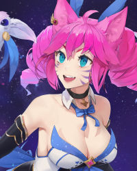Rule 34 | 1girl, :d, absurdres, ahoge, animal ears, bare shoulders, black choker, blue eyes, blue ribbon, breasts, cat ears, choker, cleavage, commission, creature, drill hair, facial mark, fang, heart, heart facial mark, highres, large breasts, league of legends, neck ribbon, open mouth, original, pink hair, ribbon, sanpaku, smile, solo, star (symbol), starry background, twin drills, unsomnus, upper body, whisker markings