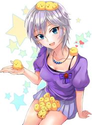 Rule 34 | 10s, 1girl, anastasia (idolmaster), ashita (2010), bad id, bad twitter id, bird, blue eyes, breasts, chick, idolmaster, idolmaster cinderella girls, meme, open mouth, short hair, silver hair, simple background, smile, solo, star (symbol), too many
