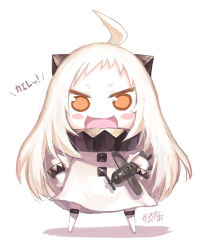 Rule 34 | &gt;:d, 1girl, :d, abyssal ship, ahoge, aircraft, airplane, blush stickers, brown eyes, capriccio, catchphrase, chibi, colored skin, dress, hibanar, himouto! umaru-chan, holding, horns, kantai collection, long hair, looking at viewer, mittens, northern ocean princess, open mouth, parody, simple background, sketch, smile, solo, style parody, v-shaped eyebrows, white dress, white hair, white skin