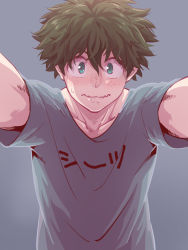 Rule 34 | 1boy, bad id, bad pixiv id, blush, boku no hero academia, brown hair, clothes writing, commentary request, freckles, green eyes, green hair, grey background, hair between eyes, looking at viewer, male focus, messy hair, midoriya izuku, reaching, reaching towards viewer, shirt, short hair, short sleeves, simple background, solo, t-shirt, tonomayo, translation request, upper body, wavy mouth