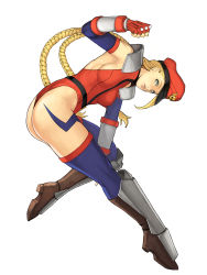 Rule 34 | 1girl, alternate costume, ass, bad id, bad pixiv id, blonde hair, blue thighhighs, boots, braid, breasts, cammy white, capcom, cosplay, elbow gloves, fingerless gloves, full body, gloves, green eyes, hat, highleg, highleg leotard, impossible clothes, leotard, lips, long hair, looking at viewer, m. bison, m bison (cosplay), medium breasts, red leotard, shoulder pads, sideboob, simple background, solo, street fighter, street fighter ii (series), street fighter iv (series), take no ko (dodon), tattoo, thighhighs, twin braids, very long hair, white background