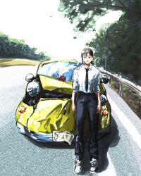 1girl absurdres black_eyes black_hair black_necktie black_pants blood blood_on_clothes car car_crash chainsaw_man day hair_ornament hairclip higashiyama_kobeni highres looking_at_viewer machipachi1901 motor_vehicle necktie outdoors pants road shirt solo standing white_shirt