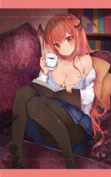 Rule 34 | 1girl, armchair, bare shoulders, black pantyhose, blue skirt, book, bookshelf, bra, breasts, chair, cleavage, clothes down, coffee, coffee mug, collarbone, convenient leg, couch, cup, easy chair, english text, feet out of frame, frilled bra, frills, fur trim, head tilt, head wings, holding, holding cup, indoors, knees together feet apart, koakuma, large breasts, letterboxed, long hair, long sleeves, looking at viewer, miniskirt, mug, natsuki (ukiwakudasai), open book, pantyhose, pleated skirt, red eyes, red hair, sitting sideways, skirt, smile, solo, star (symbol), thighband pantyhose, touhou, underwear, unmoving pattern, very long hair, wings