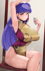 1girl arm_up armpits breasts chinese_clothes huge_breasts long_hair mute_(mute89539160) purple_hair ranma_1/2 shampoo_(ranma_1/2) sweat