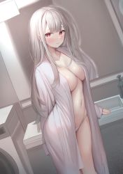 Rule 34 | 1girl, blush, breasts, closed mouth, dutch angle, highres, indoors, large breasts, long hair, long sleeves, looking at viewer, navel, open clothes, open robe, original, panties, red eyes, reinama, robe, sleeves past wrists, solo, standing, stomach, underwear, white hair, white panties