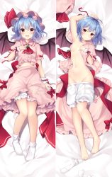 Rule 34 | 1girl, :d, ahoge, arm up, armpits, ascot, back bow, barefoot, bat wings, bed, bed sheet, bloomers, blue hair, blush, bobby socks, bow, breasts, character name, closed mouth, collarbone, commentary request, dakimakura (medium), dress, dress bow, embarrassed, english text, eyelashes, frilled dress, frilled shirt collar, frills, gem, green gemstone, groin, hand on own chest, hat, hat bow, hat ribbon, head tilt, highres, knees, looking at viewer, lying, mob cap, navel, on back, open clothes, open mouth, pink dress, pink hat, puffy short sleeves, puffy sleeves, red ascot, red bow, red eyes, red ribbon, remilia scarlet, ribbon, ruhika, sample watermark, short hair, short sleeves, small breasts, smile, socks, solo, stomach, touhou, underwear, unworn socks, watermark, white socks, wings, wrist cuffs