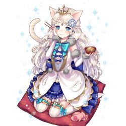 Rule 34 | 1girl, animal ears, animal hands, artist request, bare shoulders, blue bow, blue bowtie, blue eyes, blue gemstone, blush, bow, bowl, bowtie, braid, braided bangs, breasts, buttons, cat ears, cat tail, chopsticks, circlet, closed mouth, detached sleeves, eyebrows, food, french braid, frilled thighhighs, frills, from above, fur trim, gem, gloves, hair ornament, hair tie, hand on own cheek, hand on own face, hands up, headdress, holding, holding bowl, holding chopsticks, lace, layered skirt, long hair, looking at viewer, official art, parted bangs, paw gloves, perisia blue, pillow, pink gloves, pleated skirt, pocket, showgirl skirt, sidelocks, sitting, skirt, small breasts, snowflake hair ornament, solo, sparkle, steam, striped clothes, striped thighhighs, swept bangs, tail, thighhighs, tiara, transparent background, uchi no hime-sama ga ichiban kawaii, unworn mittens, vertical-striped clothes, vertical-striped thighhighs, very long hair, vest, wariza, white hair, white thighhighs, zettai ryouiki