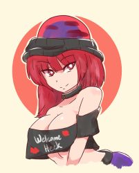 Rule 34 | 1girl, bare shoulders, black shirt, breasts, cleavage, clothes writing, collar, collarbone, commentary, crop top, crop top overhang, english commentary, english text, hecatia lapislazuli, large breasts, long hair, midriff, no bra, notnoe (dxcl), off-shoulder shirt, off shoulder, red eyes, red hair, shirt, skirt, smile, solo, touhou