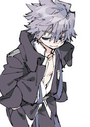 Rule 34 | 1boy, absurdres, bare pectorals, blue eyes, closed mouth, dot nose, eyes visible through hair, grey background, grey hair, hair between eyes, hands in pockets, highres, male focus, original, pectorals, sasami (ki), scar, scar across eye, scar on face, simple background, sketch, smile, solo