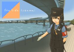 Rule 34 | 1girl, absurdres, arm behind back, armband, black hair, black headwear, black pants, black vest, blue shirt, blue sky, braid, bridge, brown eyes, character name, collared shirt, day, dress shirt, female service cap, gloves, highres, isonami (kancolle), kantai collection, long hair, low twintails, outdoors, pants, pot-de, shirt, sidelocks, sky, smile, solo, standing, twin braids, twintails, vest, whistle, whistle around neck, white gloves