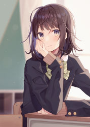 Rule 34 | 1girl, black jacket, blazer, blurry, blurry background, blush, bow, brown bow, brown eyes, brown hair, brown sweater, chair, closed mouth, collared shirt, commentary request, depth of field, desk, diagonal stripes, hand up, highres, indoors, jacket, long sleeves, looking at viewer, minasenagi, on chair, original, school chair, school desk, school uniform, shirt, sleeves past wrists, smile, solo, striped, striped bow, sweater, upper body, white shirt