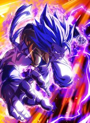 Rule 34 | 1boy, absurdres, angry, aura, baggy pants, biceps, black vest, blue eyes, blue hair, bracer, charging forward, clenched hand, clenched teeth, commentary request, dragon ball, dragon ball super, electricity, energy, gogeta, highres, incoming attack, looking at viewer, male focus, metamoran vest, muscular, muscular male, open clothes, open vest, pants, sekitsuki hayato, solo, spiked hair, super saiyan, super saiyan blue, teeth, v-shaped eyebrows, vest, white pants