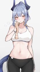 Rule 34 | 1girl, absurdres, arknights, bare arms, bare shoulders, black pants, blush, breasts, cleavage, commentary request, cowboy shot, crop top, grey background, grey hair, highres, horns, large breasts, leggings, liskarm (arknights), long hair, looking at viewer, mango (mgo), midriff, navel, orange eyes, pants, parted lips, simple background, solo, sports bra, standing, stomach, tail, thighs, towel, towel around neck