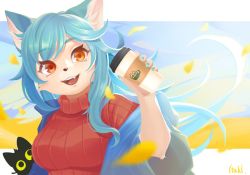 Rule 34 | 1girl, animal, animal ears, blue hair, blurry, blurry foreground, cat, coffee cup, cup, disposable cup, falling leaves, fang, female focus, fox ears, fox girl, furry, furry female, highres, holding, holding cup, itaki (itakinomaturi), leaf, letterboxed, long hair, looking at viewer, open mouth, orange eyes, original, outside border, red sweater, ribbed sweater, signature, solo, sweater, teeth, turtleneck, turtleneck sweater, upper body