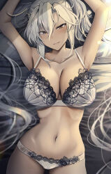 Rule 34 | 1girl, absurdres, arms up, bed sheet, bra, breasts, collarbone, dark-skinned female, dark skin, from above, hair between eyes, head on pillow, highres, kantai collection, lace, lace-trimmed bra, lace-trimmed panties, lace trim, large breasts, long hair, long hair between eyes, lying, musashi (kancolle), navel, on back, panties, parted lips, red eyes, smile, solo, stomach, twintails, underwear, underwear only, very long hair, white bra, white hair, white panties, yunamaro