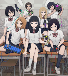 Rule 34 | &gt;:d, 6+girls, :d, :p, black eyes, black hair, black socks, blonde hair, boombox, breasts, brown hair, chestnut mouth, classroom, controller, crossed legs, desk, dress shirt, dualshock, game controller, gamepad, glasses, gun, highres, holding keyboard (computer), keyboard (computer), kneehighs, long hair, multiple girls, open mouth, original, playstation controller, pleated skirt, power glove, school, school desk, school uniform, shirt, shoes, short hair, sitting, skirt, smile, sneakers, socks, tongue, tongue out, v-shaped eyebrows, weapon, white legwear, wire, yajirushi (chanoma)