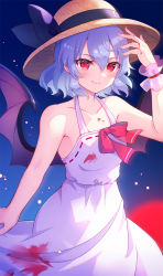 Rule 34 | 1girl, 60mai, adapted costume, alternate headwear, armpit peek, bare shoulders, bat wings, blood, blood stain, blue hair, collarbone, dress, fang, fang out, hat, highres, moon, night, night sky, outdoors, red eyes, red moon, remilia scarlet, short hair, sky, smile, solo, touhou, white dress, wings