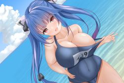 Rule 34 | 1girl, blue hair, blue one-piece swimsuit, blue sky, breasts, cloud, covered navel, day, flower-shaped pupils, hair ribbon, has bad revision, has downscaled revision, highres, i-19 (kancolle), kantai collection, large breasts, long hair, md5 mismatch, name tag, ocean, one-piece swimsuit, outdoors, pulling own clothes, red eyes, resolution mismatch, ribbon, school swimsuit, sky, solo, source smaller, strap pull, swimsuit, symbol-shaped pupils, tri tails, wenetora
