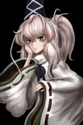 Rule 34 | 1girl, absurdres, ayang, black background, black hat, blue eyes, closed mouth, commentary, grey hair, hand on own face, hat, highres, japanese clothes, kariginu, long sleeves, looking at viewer, medium hair, mononobe no futo, pom pom (clothes), ponytail, ribbon-trimmed sleeves, ribbon trim, simple background, solo, tate eboshi, touhou, upper body, wide sleeves