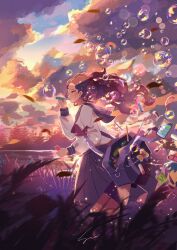 Rule 34 | 1girl, atelier umiyury, bag, blowing bubbles, blue sailor collar, blue skirt, blush, brown hair, bubble, cellphone, cloud, cloudy sky, commentary, cosmetics, eraser, from side, grass, highres, holding, long hair, long sleeves, neckerchief, open bag, original, outdoors, pencil, phone, pleated skirt, red neckerchief, running, sad, sailor collar, school bag, school uniform, serafuku, signature, skirt, sky, solo, sunset, tears, water, wind